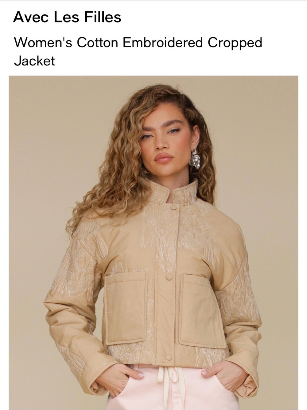Avec Les Filles Quilted Embroidered Floral Crop Jacket in Tan Size XS